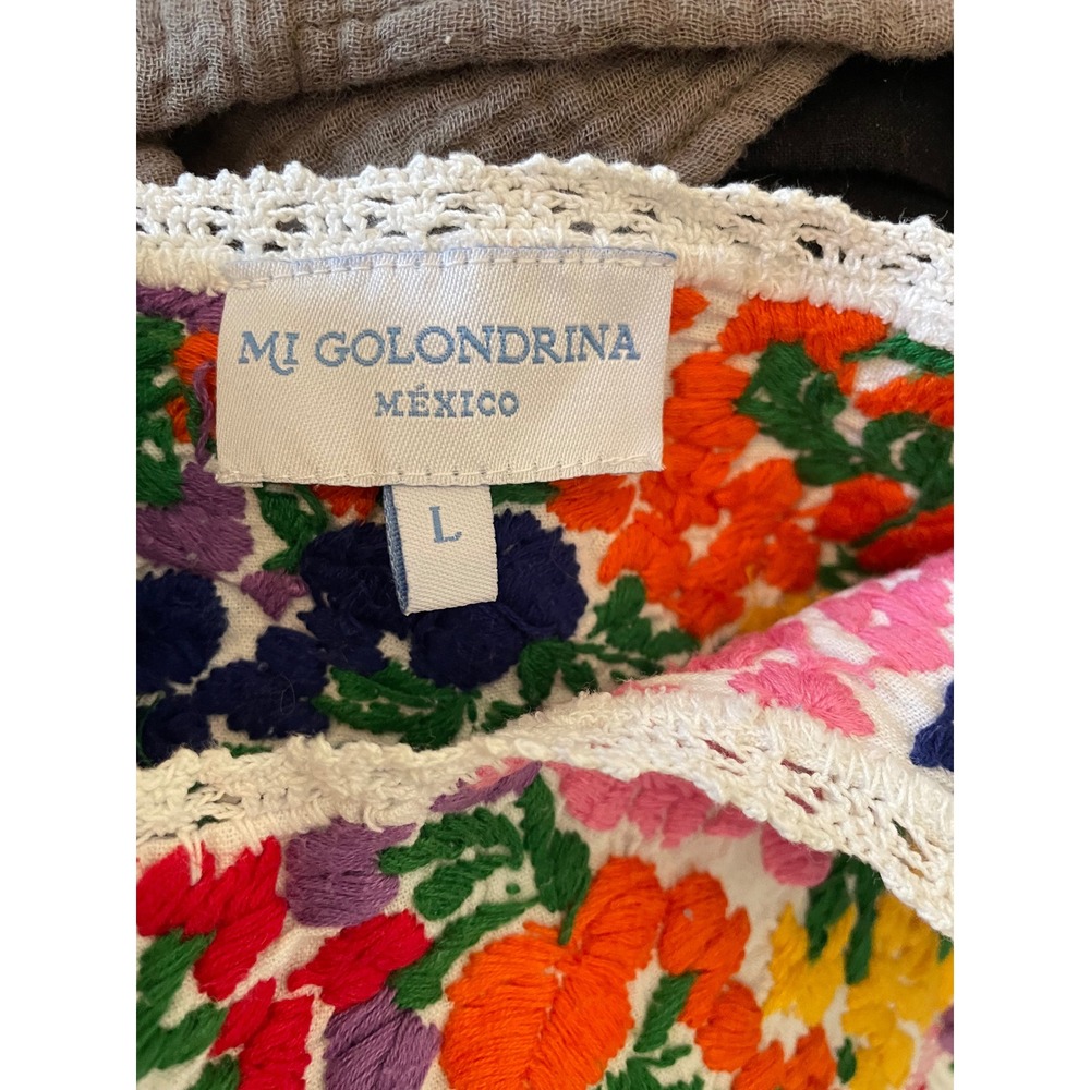 Mi Golondrina Flores Classic Embroidered Blouse Mexico White Floral Bird Size L - Picture 4 of 6
